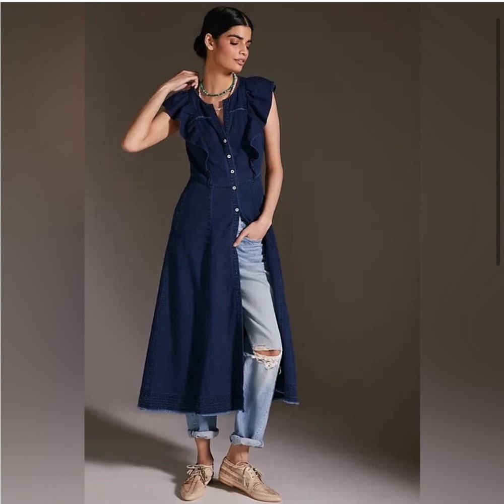 Anthropologie Pilcro Blue Sustainable Ruffle Sleeve Midi Dress Size 0 - Picture 3 of 3